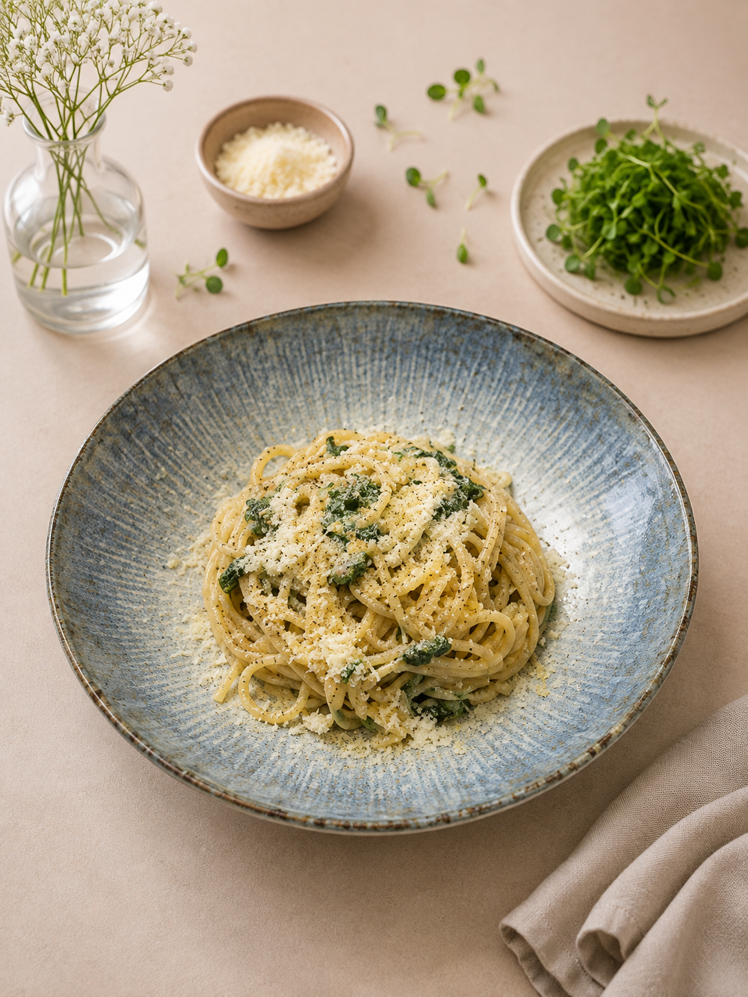 Špagety aglio olio s cesnakom, olivovým olejom, petržlenom, parmezánom a mikrobylinkami Pink Greens